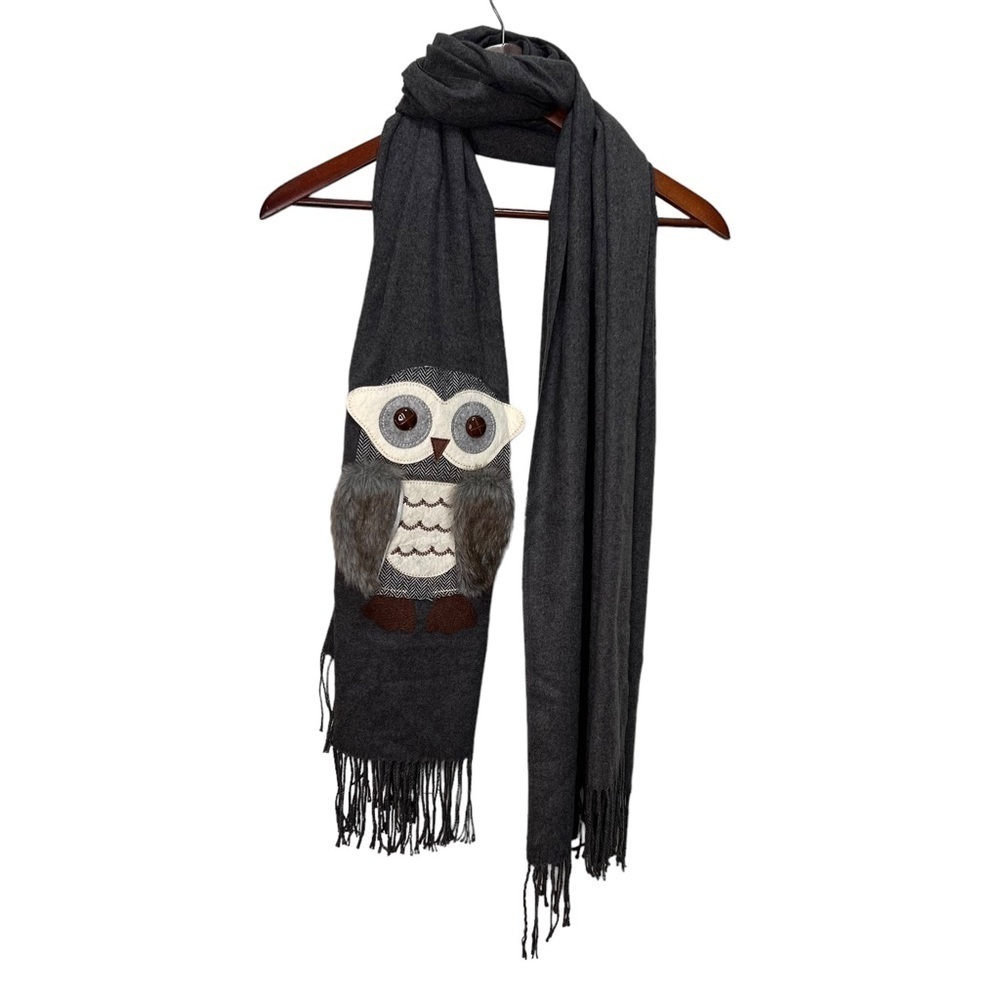 Fuzzy Owl Grey Fringe Scarf 100% Viscose 70” Long
